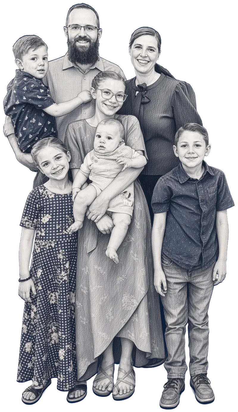 Pencil-sketch portrait of Clark Wray with his wife and their five children